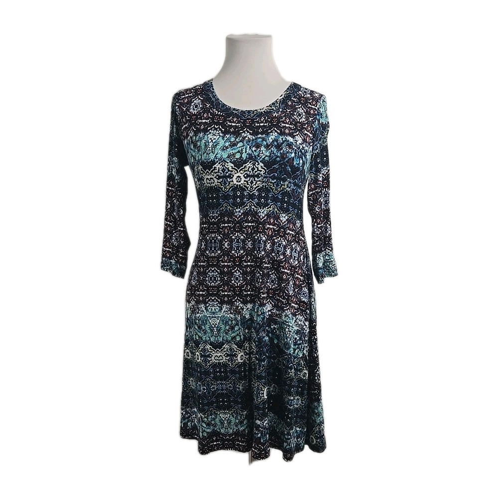 Cupio Blue Abstract Print 3/4 Sleeve Viscose Jersey Dress Junior Size Small S